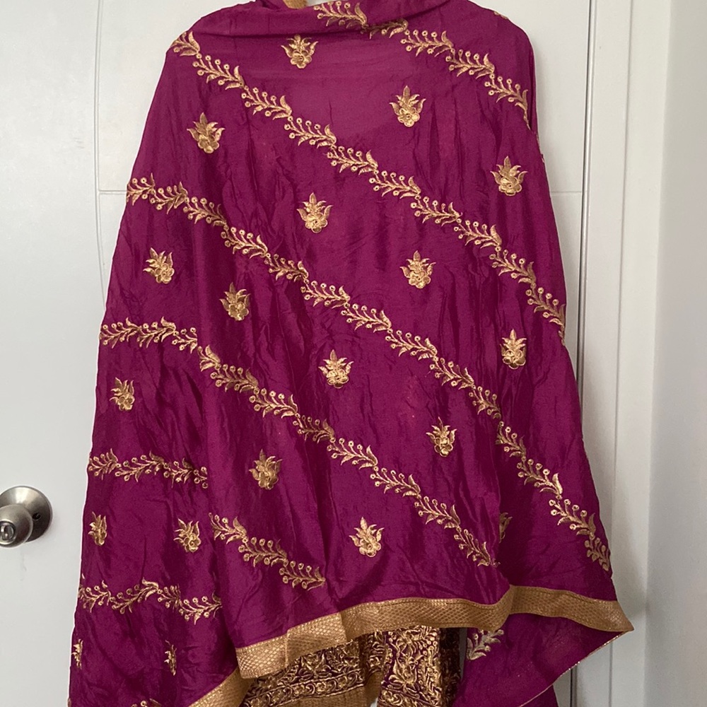 Purple Silky Suit with Gold Print